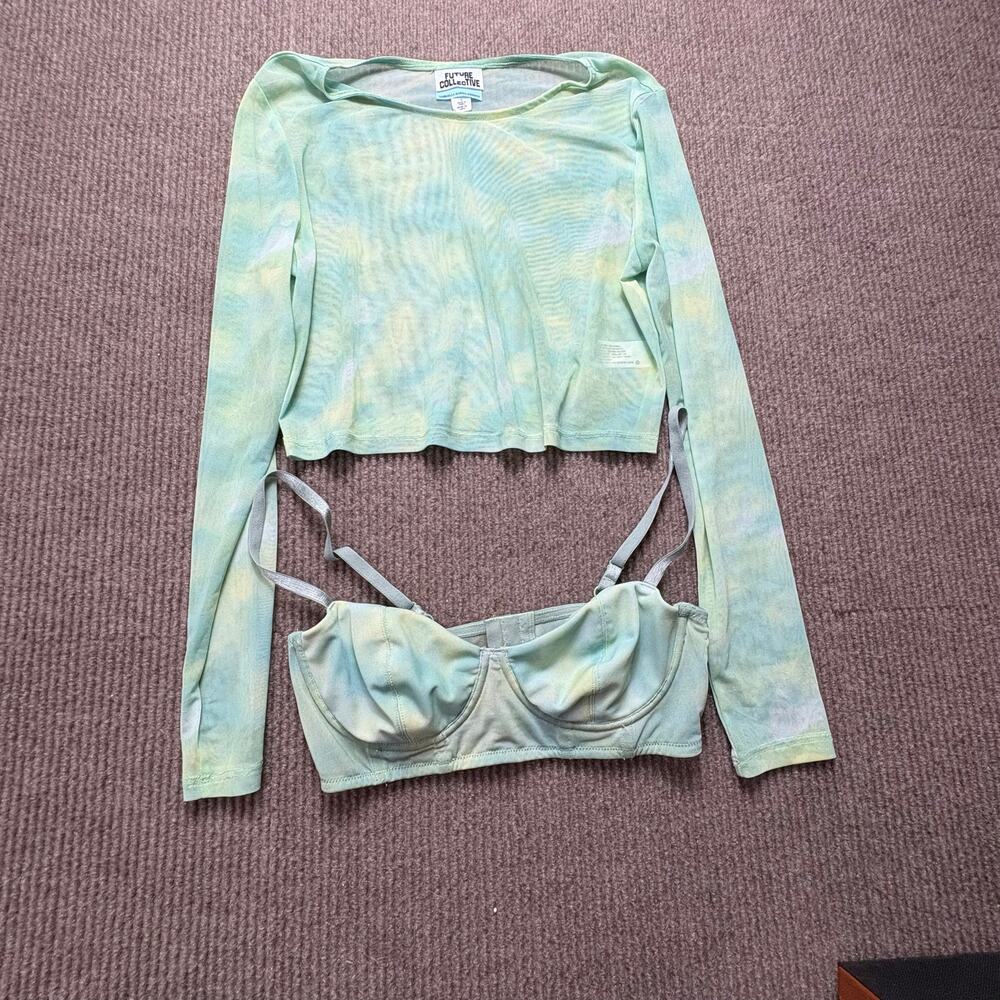 Future Collective Women's Long Sleeve Tie-Dye Mesh Crop Top and bra Size Small